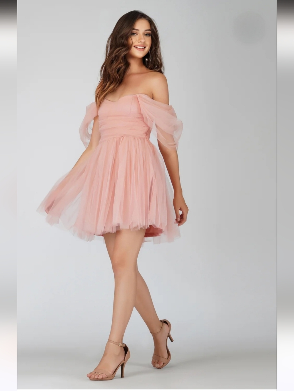 Off-Shoulder Tulle Mini Dress in Dusty Pink